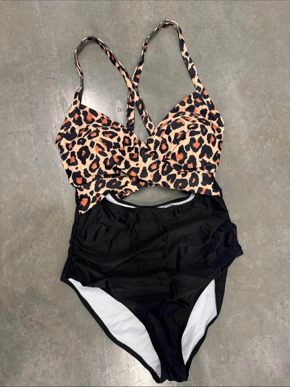 Leopard Print One-Piece Swimsuit with Black Bottom Size L